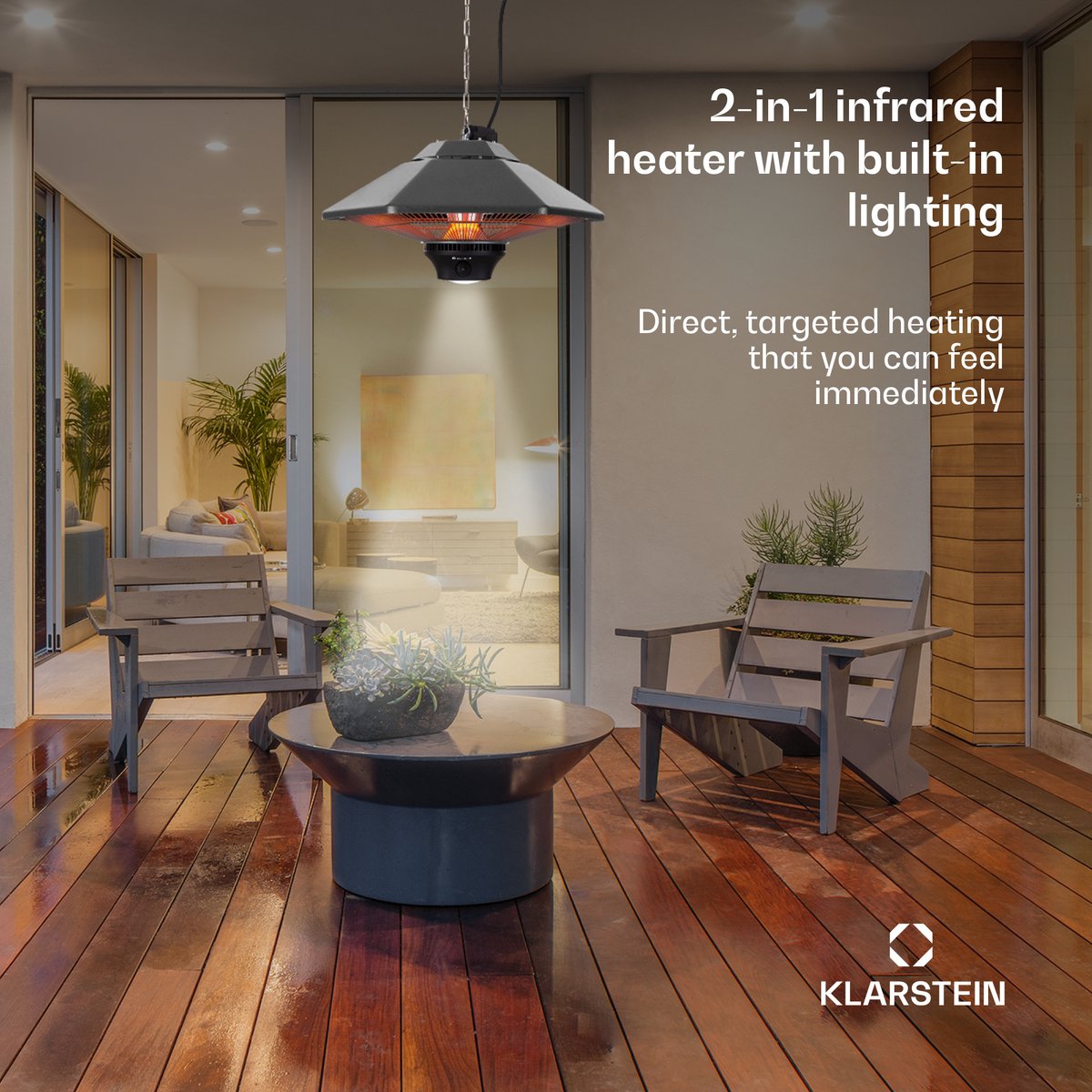 Blumfeldt Far infraroodverwarming voor buiten, hangende elektrische terrasverwarmer met ledlamp en afstandsbediening, IP34-buitenverwarming voor tuin en overkapping, infraroodpaneel met 3 warmtestanden, elektrische terrasverwarming voor buiten – foto 2