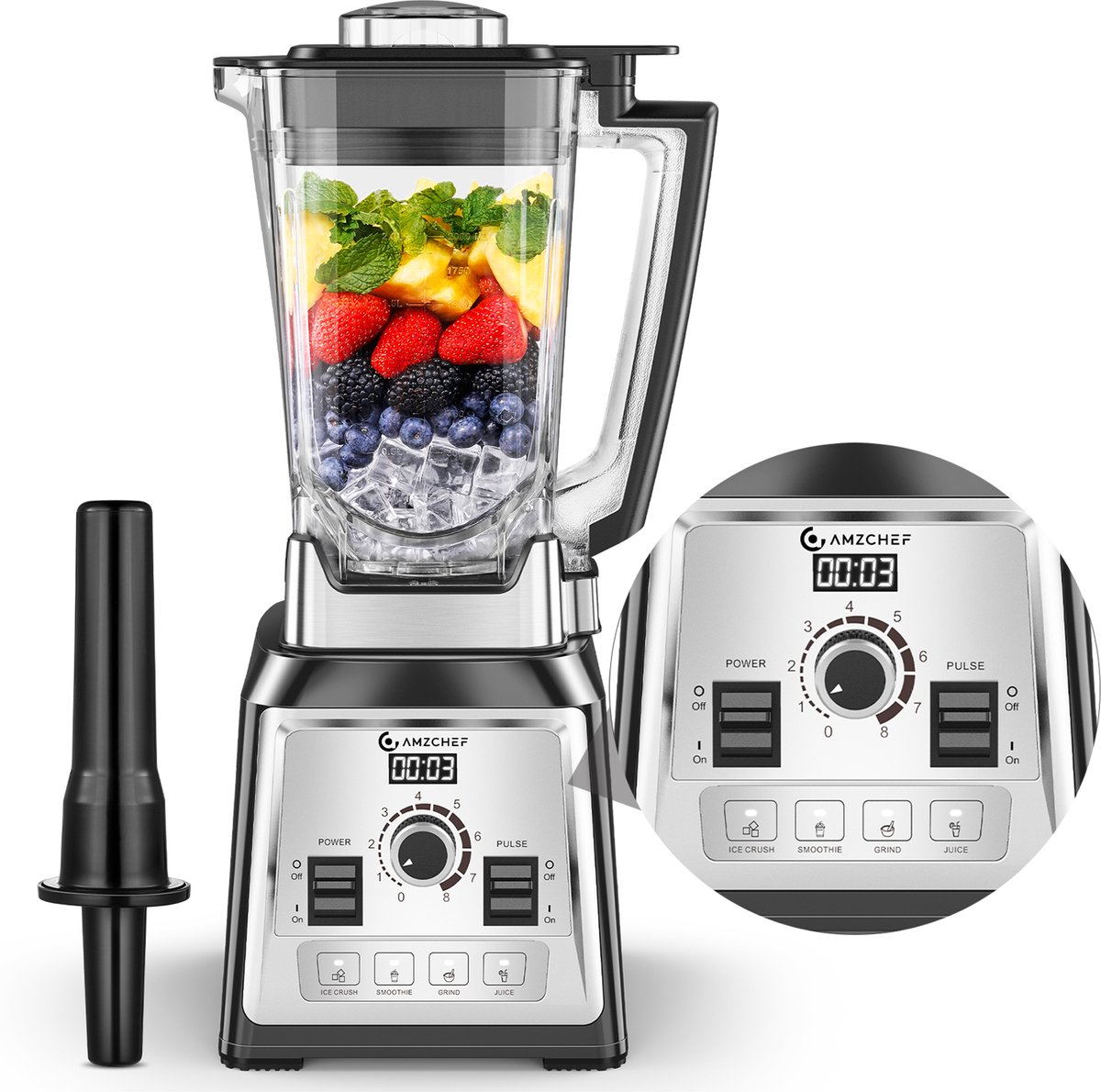 AMZCHEF 2000W Smoothie Blender – 2L Tritan Kan, 8 Standen + 4 Programma’s, 8 Roestvrijstalen Messen, Zelfreinigend – BPA-vrij
