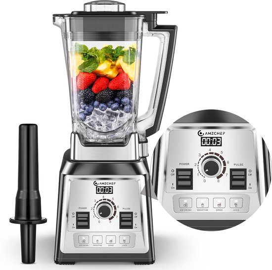 AMZCHEF 2000W Smoothie Blender – 2L Tritan Kan, 8 Standen + 4 Programma’s, 8 Roestvrijstalen Messen, Zelfreinigend – BPA-vrij