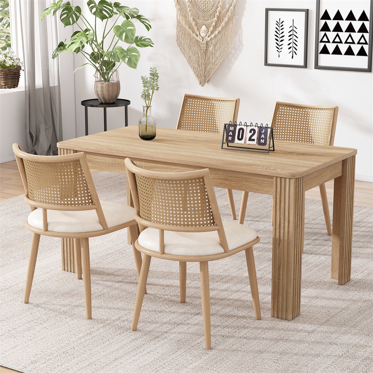 YEHTOKHOME Eetkamerstoelen, set van 4, Keukenstoelen met PU-zitting en rotan geweven rugleuning, Retro natuurlijk, Gestoffeerde stoel voor eetkamer, woonkamer en slaapkamer, Beige