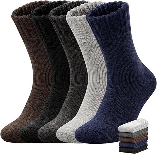 Lot de 5 paires de Chaussettes d'hiver épaisses en laine Thermo pour homme, Extra chaudes et respirantes, élastiques, pointures 39-46, talon antidérapant, couleur unie