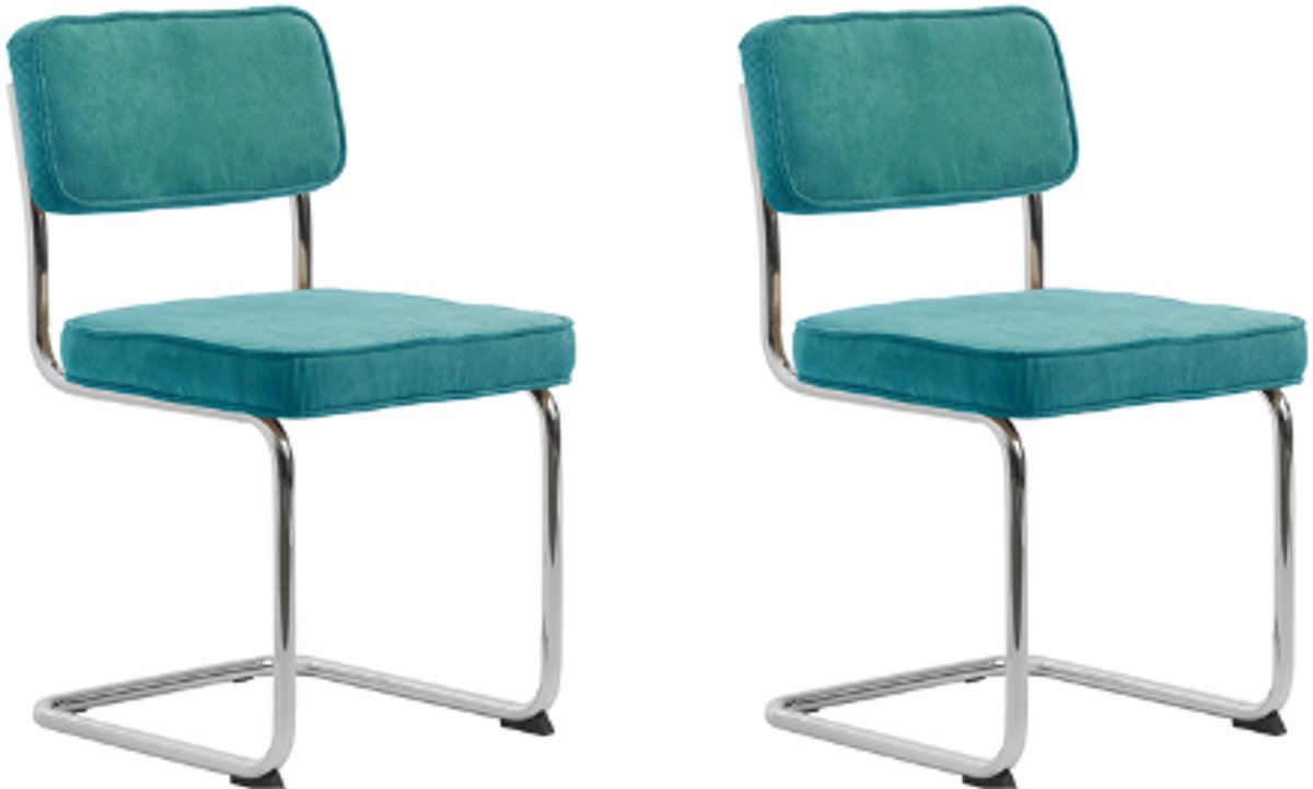 LevaLeva Rupert eetkamerstoel set van 2- rib stof - blauw - buisframe - chroom