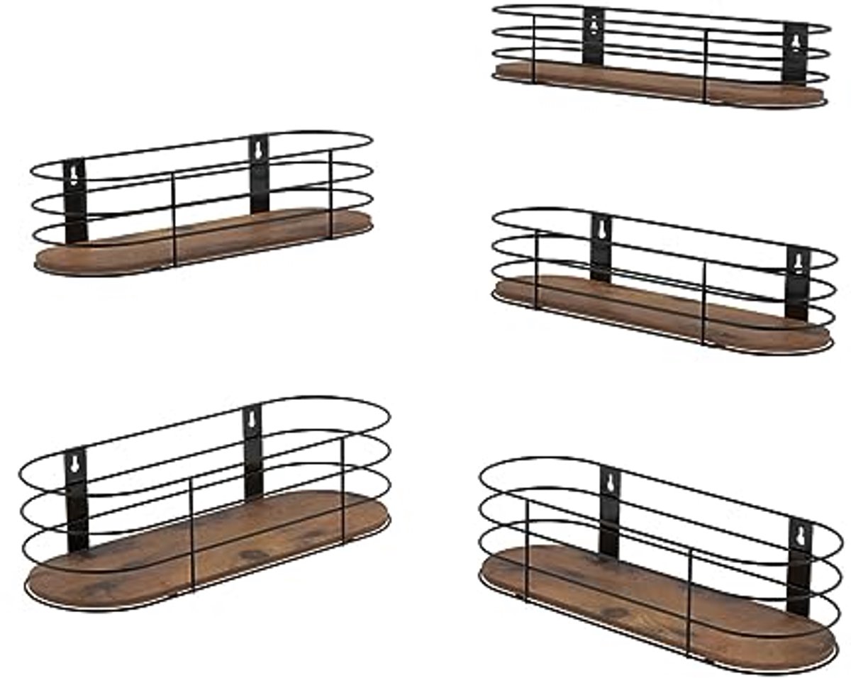 Wandrek set van 5 - Zwevend rek met rustieke houten planken en zwart metaal voor keuken, woonkamer, badkamer en kantoor