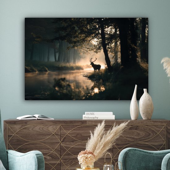 Peinture sur toile 120x80 cm - Décoration murale exclusive Cerf - Ruisseau forestier - Mystique - Décoration murale salon - Décoration chambre - Accessoires chambre - Peintures sur toile