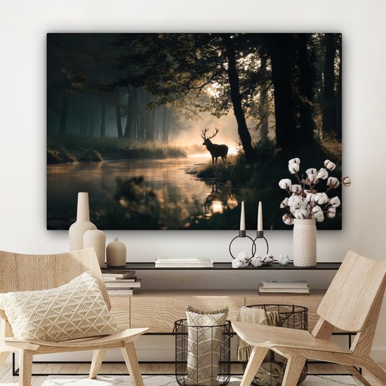 Peinture sur toile 120x80 cm - Décoration murale exclusive Cerf - Ruisseau forestier - Mystique - Décoration murale salon - Décoration chambre - Accessoires chambre - Peintures sur toile