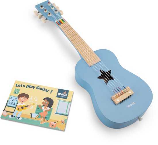 Woet® Houten Speelgoedgitaar met Draagriem - Blauw - Speelgoedinstrument - Mijn eerste Gitaar Inclusief Muziekboekje - Speelgitaar voor Kinderen - Vanaf 3 jaar