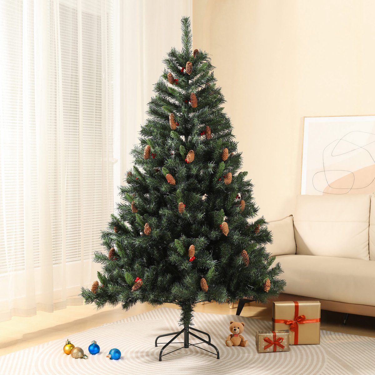 SVITA kunstkerstboom 180cm - met dennenappels en bessen 661 takpunten inclusief metalen standaard kunstkerstboom (Luvi naalden | 180cm) – foto 6