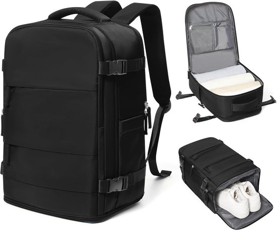 Rugzak met Laptopvak en Vak Voor Natte Kleding - Zwart - Luxe Laptop Rugtas - Waterdicht - Schooltas - Handbagage Rugzak - Waterafstotend - Schoenenvak - Rugzakken - Boekentas - Heren en Dames - Normale Rugzak - Rugtas - Reistas