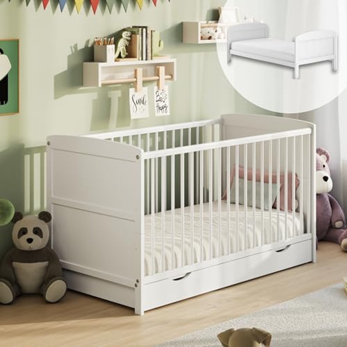 Babybed 70 x 140 cm met lade | Hoogte verstelbaar en uitneembare sporten | Kinderbed geschikt van geboorte tot 6 jaar