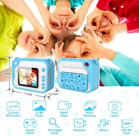 Instant Kindercamera Met 32GB Kaart En Printpapier – 1080p, 2,4″ Scherm, 16x Zoom, 4 Spelletjes – Inclusief Oplaadkabel – Cadeau Voor Kinderen