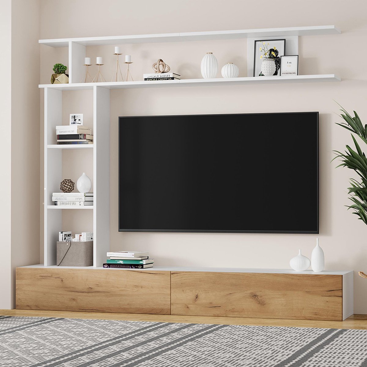 Pugsdrly Tv-meubelset 180*35*22,5 cm met vitrines, multimediameubel met tv-meubel, staande plank en wandplank, tv-meubelset voor de woonkamer, tv-meubel, staand en hangend, tv tot 80 inch, wit + houtkleur