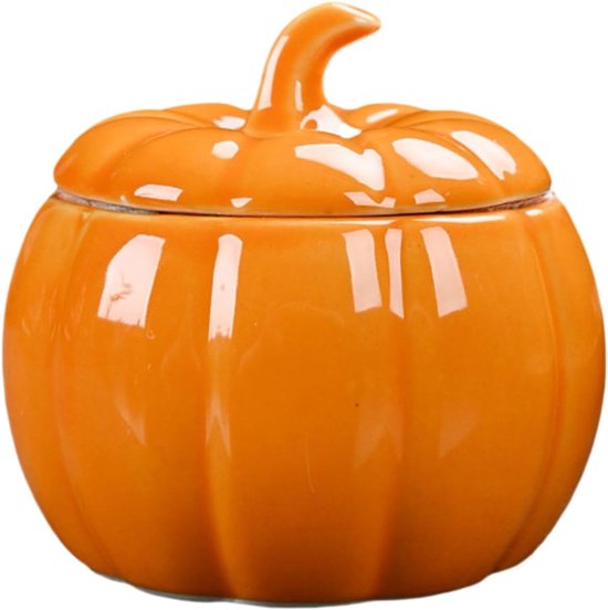 Oranje pompoenvormige keramische pot met deksel, een decoratieve pompoenvormige sluiting.