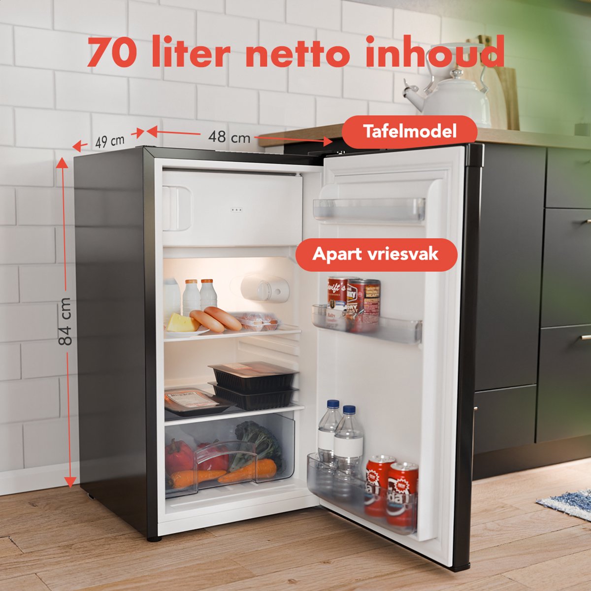 KitchenBrothers Koelkast - 81L - Tafelmodel Koelkast met Vriesvak - Koelvriescombinatie - IJskast - Frigo - Vrijstaand - Zwart — afbeelding 4