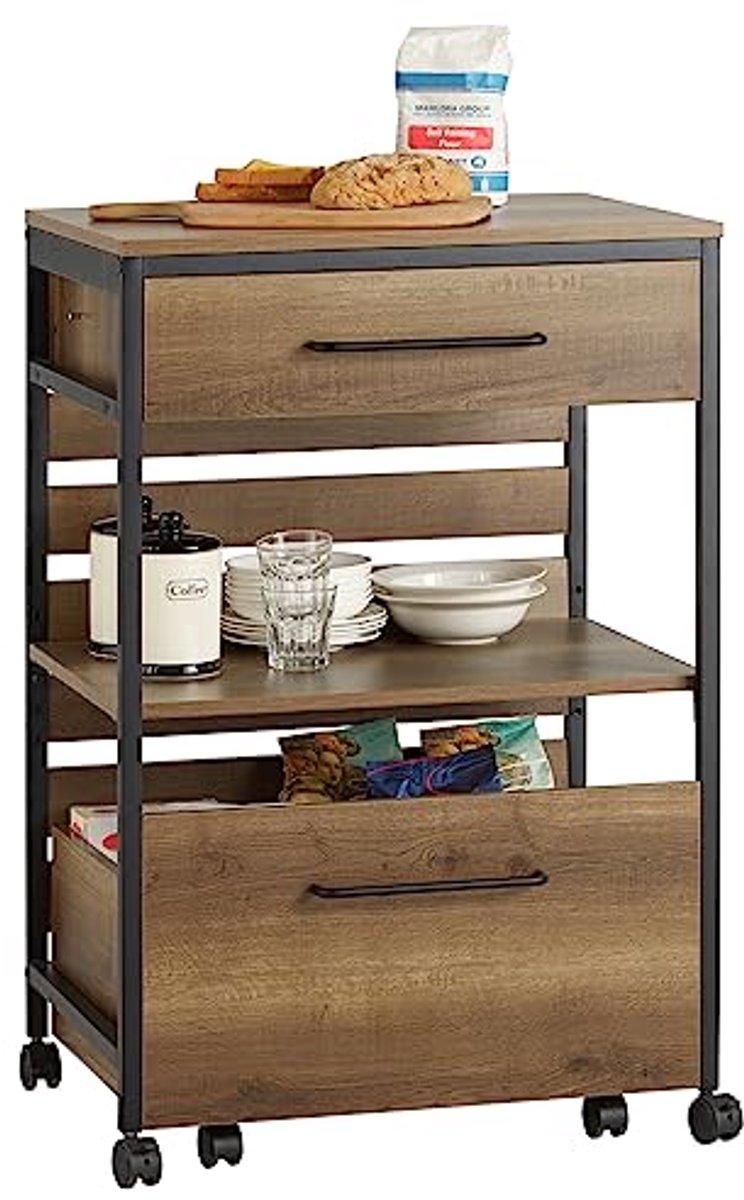 Multifunctionele Keukentrolley op Wielen met 1 Plank en 2 Laden - Vintage en Industrieel