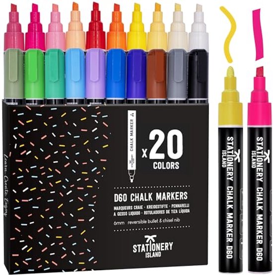 Liquid Chalk Pens - 30 Pieces (Neon Classic) Chalk Pens - for Chalkboard, Blackboard, Window, Labels, Bistro, Glass - Wet Erasable - 6 mm Reversible
