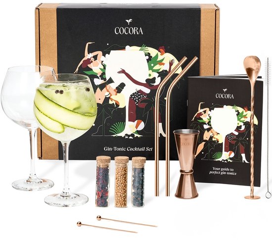 Cocora Gin Tonic Geschenkset – 12-delige RVS Cocktail Set – Tritan® Kristalglazen – Cocktail Boek – Luxe Cadeauverpakking – Rosé Goud