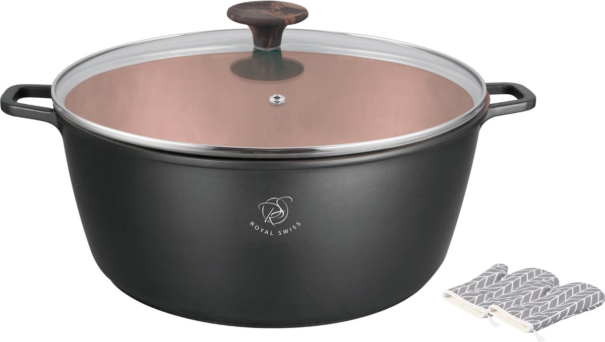 Royal Swiss - Marble soep/braadpan - Met glazen afdekplaat zwart- voor inductie -Ø24 CM - 4 L