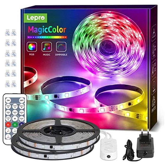 Lepro RGBIC leds-trip van 5 m, strip met 150 leds, Dreamcolor, MagicColor, lichtketting, muziekband met afstandsbediening, IP65-waterdicht, dimbare kleurrijke lichtstrip voor feestjes, kerst en als decoratie