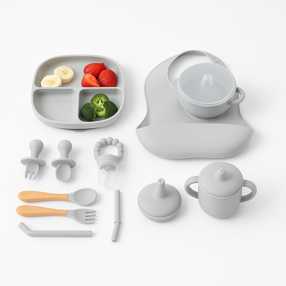 Image of 12-Delig Baby Servies Set (Siliconen) – Bord & Kom met Zuignap + Drinkbeker + Slab + Bestek + Voedspeen | Vaatwasser-, Vriezer & Magnetronbestendig | BPA-Vrij | Grijs