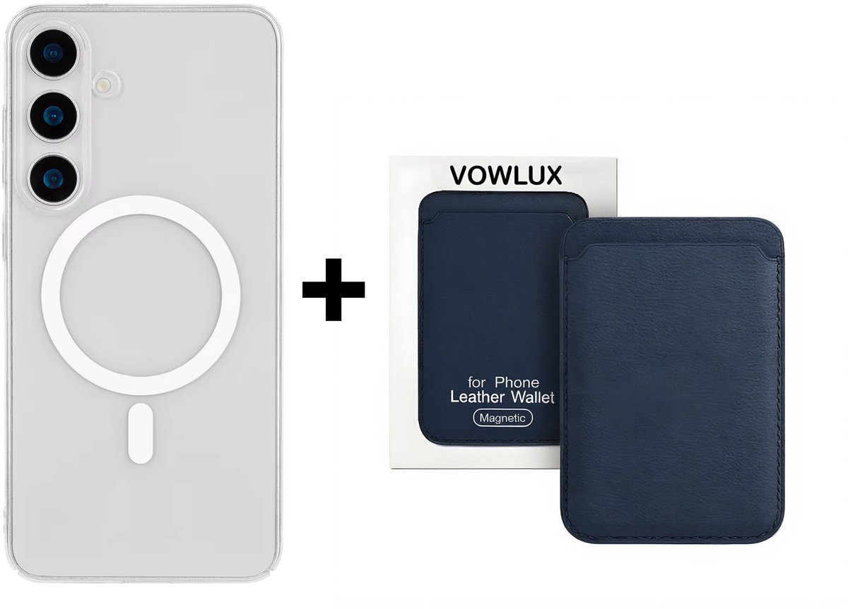 VOWLUX Compatible MagSafe Hoesje voor Samsung Galaxy S23 Plus Transparant – Inclusief Blauw Wallet Pasjeshouder – 24 Magneten – Kunstleer – 3 Kaarten – Shockproof Case
