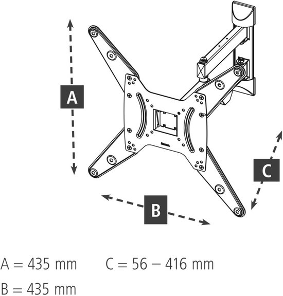 Technische tekening van een zwenkbare tv-beugel met afmetingen A=435mm, B=435mm, C=56-416mm.