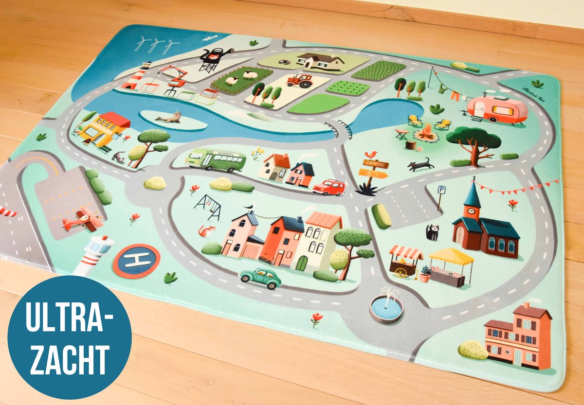 Mats & Joy® Auto Speelmat Roadtrip Grijs 130x180cm - Fluweelzacht - Anti-slip - Wasbaar - Speeltapijt Baby - Speelkleed - Speelmat Auto Kinderen - Autokleed