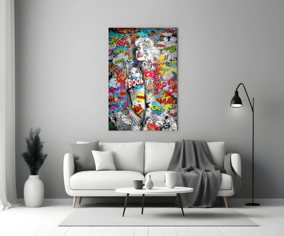 Insigne Art Glasschilderij – BOOM! Pop Art – Kleurrijk Moderne Kunst – Trendy Wanddecoratie - 72x46 cm