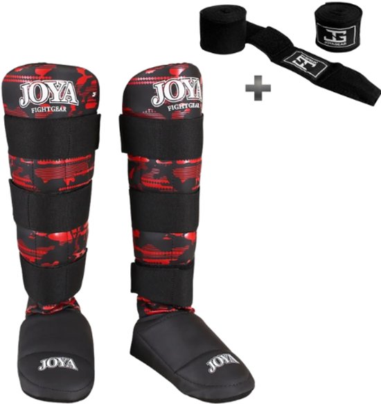 Protèges-tibias Joya Camo V2 pour débutants – Taille L – Kickboxing – Protection et Comfort optimaux – Rouge – Bandage inclus