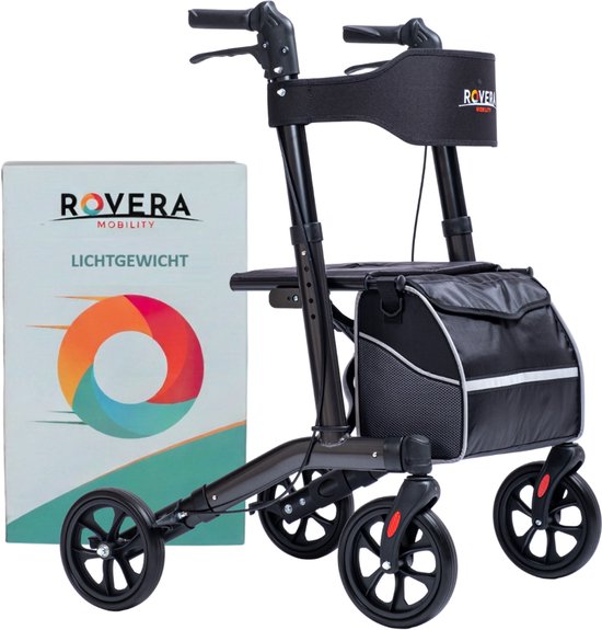 Rovera® Easy Rollator - Lichtgewicht en Opvouwbaar - Kwaliteitsrollator - Incl. Luxe, Stijlvolle Rollatortas en Brede Gewatteerde Rugsteun en Zitting - Binnen en Buiten - Antraciet