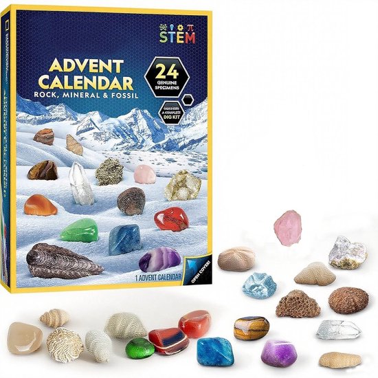 Adventskalender 2025-Adventskalenders-adventkalender dames - Bevat 24 edelstenen, mineralen en fossielen voor kinderen - Complete edelsteen- en fossielencollectie Kerstaftelkalender