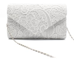 Avondtas Dames - Clutch Dames - Met Ketting & Spitze Afwerking - 1 - Voor Weddenschappen Of Feesten Wit
