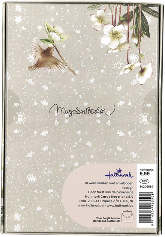 Achterkant van een grijze doos met decoratieve sneeuwvlokken en bloemen, met een vogeltje. Bevat 10 kaarten met enveloppen.