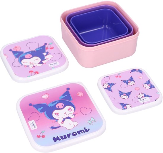 Set van drie Kuromi lunchboxen in roze en paars, met deksels met Kuromi-print.