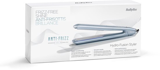 Verpakking van de BaByliss Hydro Fusion Styler met een afbeelding van de lichtblauwe stijltang en 'Anti-Frizz' logo.