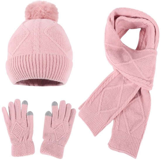 Ensemble 3 pièces pour femme et homme, bonnet tricoté chaud d'hiver, gants tactiles, écharpe, bonnet doublé, écharpe de cou, Noël rose