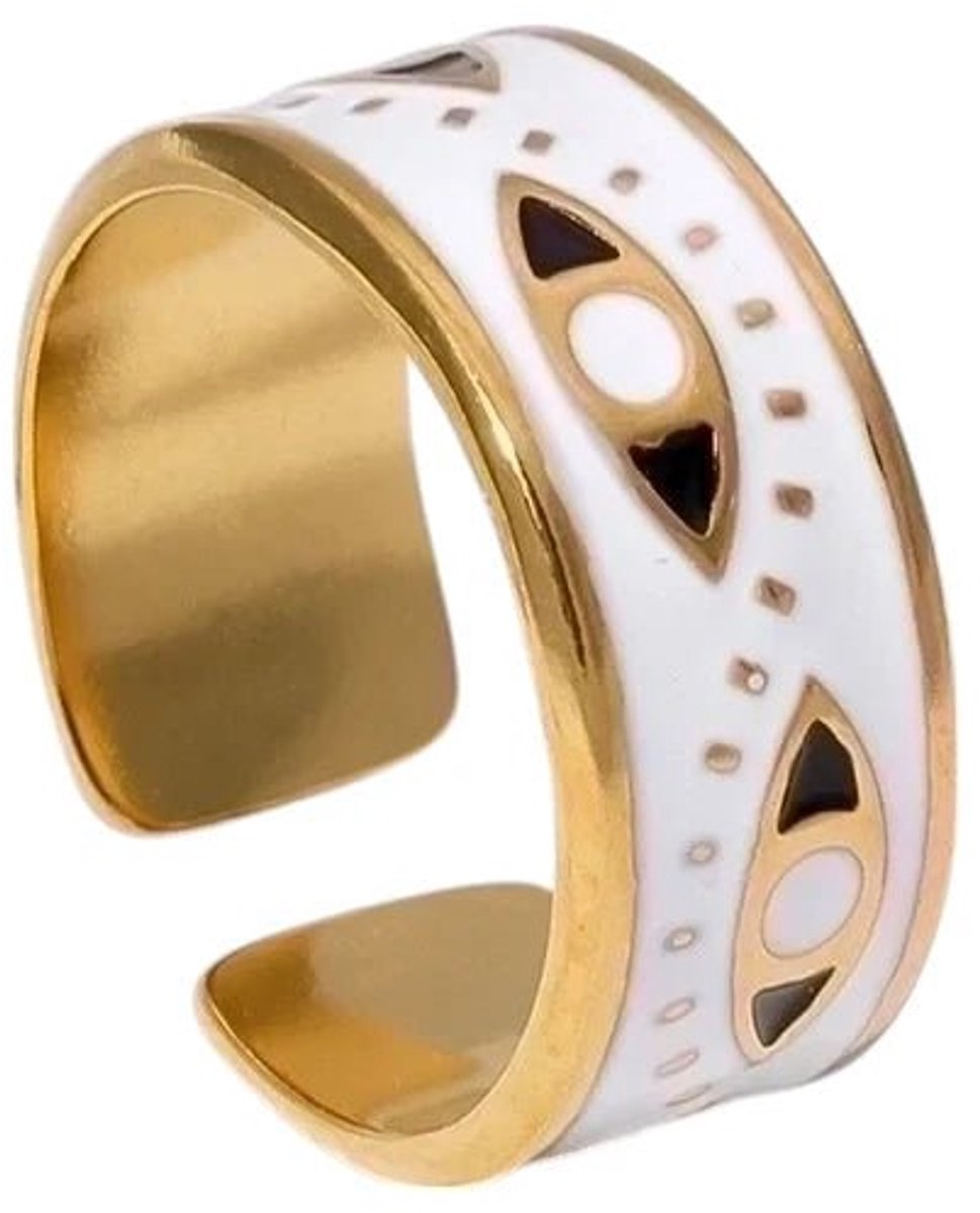 Aramat Jewels | Ringen | Stalen Damesring - Boze Oog - 8,5mm - Verstelbaar | Goudkleur | |9mm | Staal | Volwassenen | Verkleurd niet