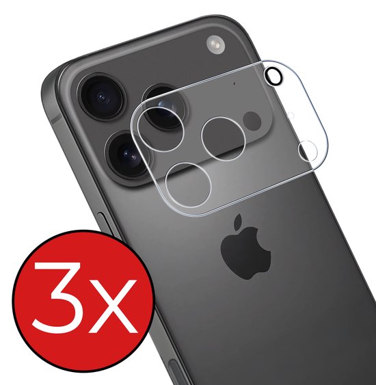 Drie transparante cameraprotectoren op de achterkant van een zwarte iPhone met Apple logo. Rode cirkel met '3x'.