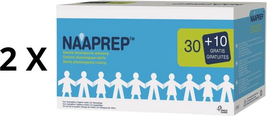 Duopack Naaprep steriele fysiologische oplossing. Blauw en wit doosje met 2x (30+10) gratis.