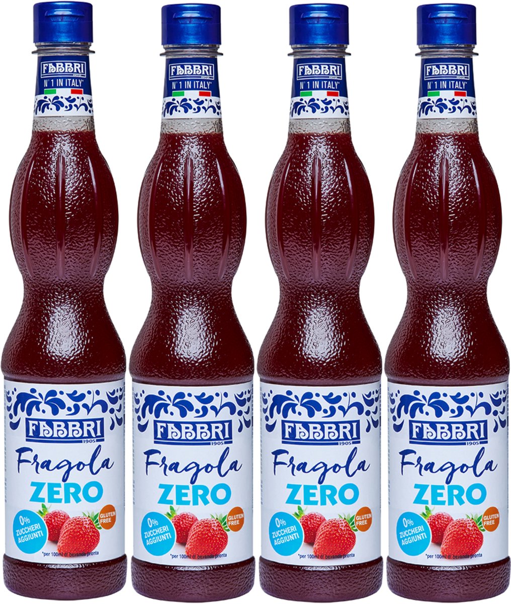 Set van 4 -Fabbri 1905 - Aardbei Zero | Zero toegevoegde suiker en glutenvrij | fles met hersluitbare dop