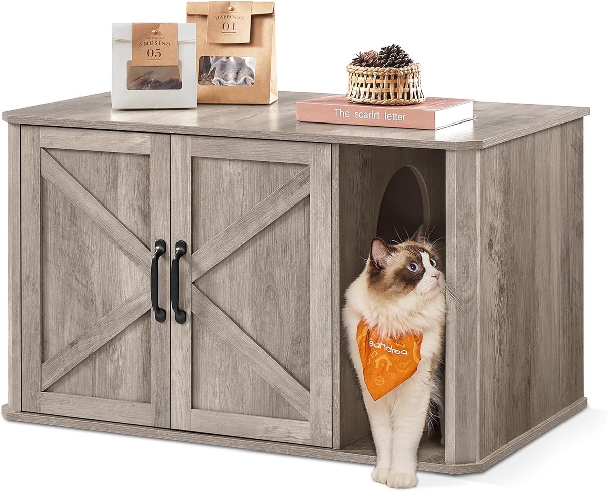 Furnstar Kattenhuis - Moderne kattenbakkast met vooringang - Dubbele deur en handgrepen - Als dressoir - 85 x 48,5 x 50 cm - Grijs gemêleerd