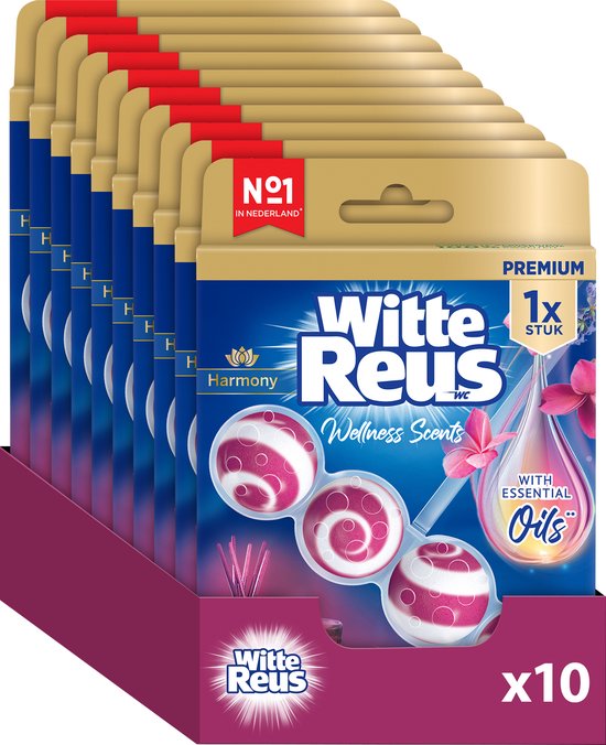 Doos met 10 verpakkingen Witte Reus Harmony wc-blokjes met roze en witte spiralen.