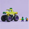 Groene LEGO monster truck met paarse velgen, Hulk en Thanos minifiguren.