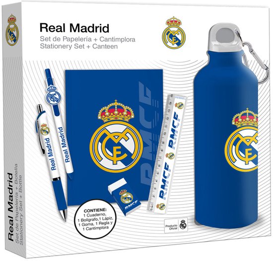 Blauwe Real Madrid set met notitieboek, twee pennen, gum, liniaal en bidon met clubwapen.