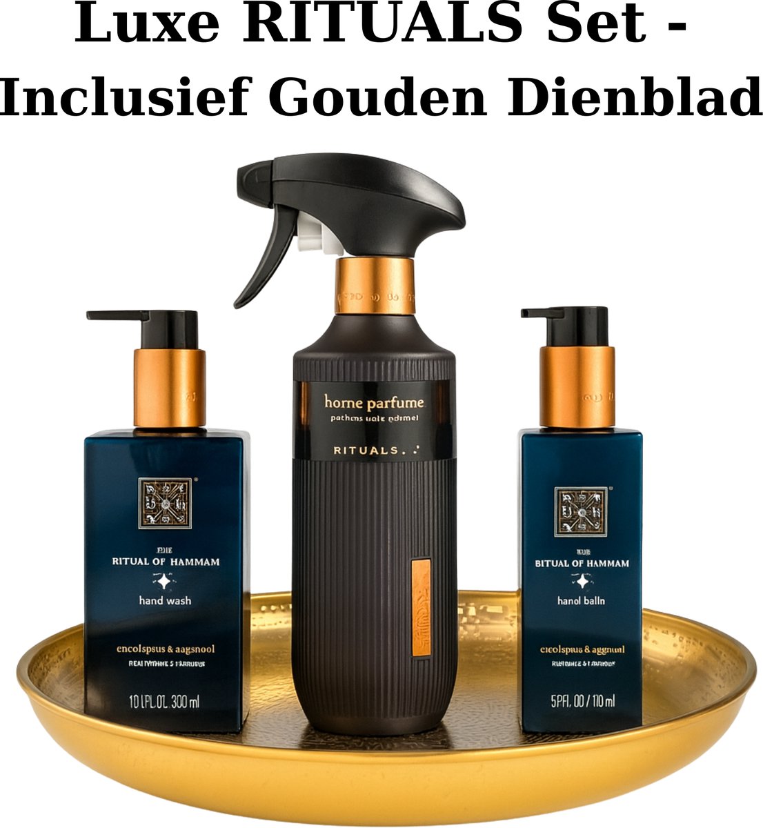 Rituals - Geschenkset - Hammam - Hand Wash 300 ml + Kitchen Hand Balm 175 ml + Huisparfum 400 ml + Gouden Dienblad - Cadeau Set - Rituals Producten
