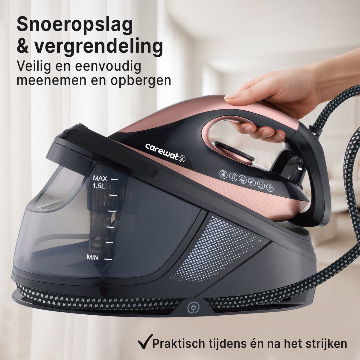 Carewat Stoomstrijkijzer met Stoomgenerator - Goud - 2200W - 1.5L Uitneembare Watertank - 100 g/min Stoomproductie - Keramische Zoolplaat - 3.0 Bar Stoomdruk - Anti-Oververhitting - Geschikt voor alle stoffen — afbeelding 6