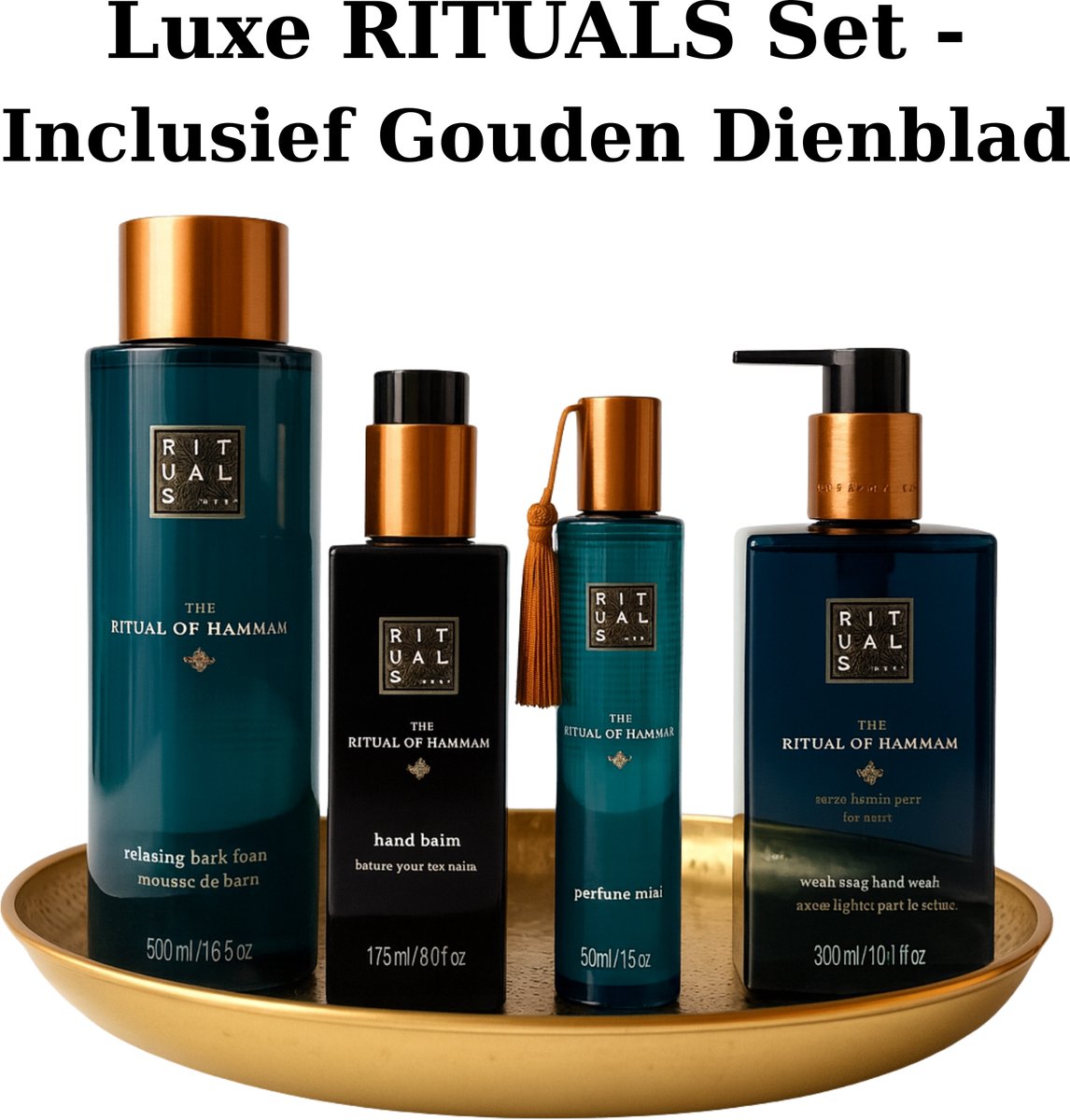 Rituals - Geschenkset Set - Hammam - Hand Wash 300 ml + Hand Balm 175 ml + HairBody Mist 50 ml + Bath Foam 500 ml + Gouden Dienblad - Cadeau Set - Rituals Producten