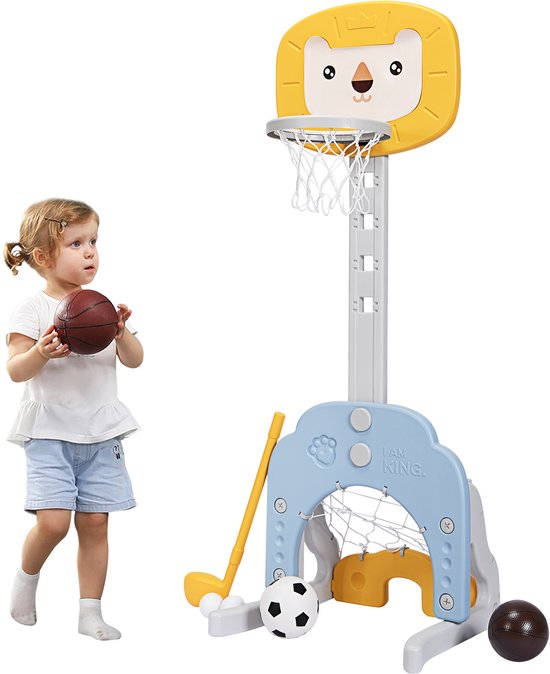 COSTWAY 4 in 1 Kinder Basketballkorb Set, Basketballständer höhenverstellbar mit Basketball & Fußball & Ringwurf, Kinder Spielplatz mit Anzeigetafel, Korbanlage für Kinder ab 3 Jahren (Blau