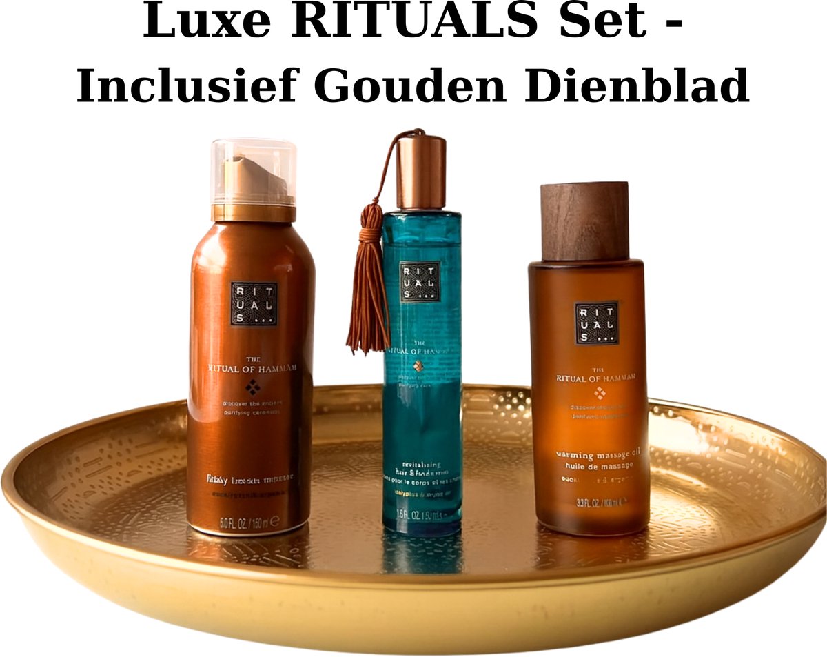 Rituals - Geschenkset - Hammam - Massage Oil 100 ml + Hair Body Mist 50 ml + Body Lotion Mousse 150 ml + Gouden Dienblad - Cadeau Set - Rituals Producten