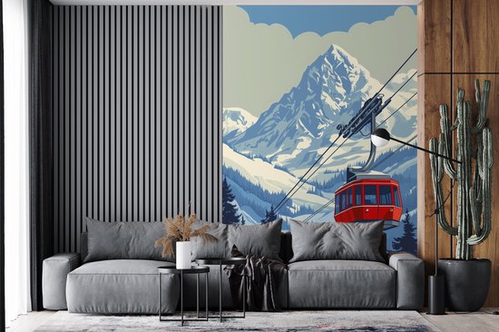 Behang - Fotobehang Kabelbaan - Sneeuw - Berglandschap - Breedte 200 cm x hoogte 300 cm