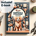 E-book '10 tips voor een complete & stralende verzorging' met een illustratie van een hond en kat.